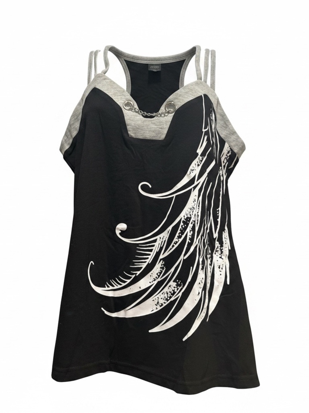 Black Feather-Print Tank Top with Chain Detail